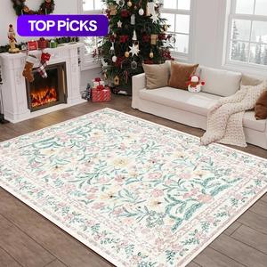 Boho Style Floral Pattern Rug, Non-slip Soft Floor Mat, Rectangle Home Decorative Carpet for Living Room Bedroom Kitchen Study Room, Halloween Decor, Floral Area Rug