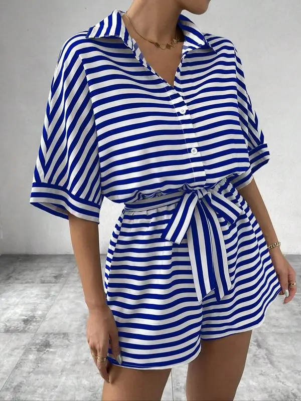 Women's Striped Print Romper, Casual Belted Romper for Summer, Fashion Women's Clothes for Daily Wear 8