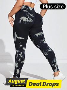 【Plus Size】Tie Dye Ruched Sports Tummy Control Leggings, Comfort and Durability High Stretch Yoga Leggings, Ladies Sportswear for Indoor Outdoor Wear, Tight Fitting Pants, Yoga Training Pants