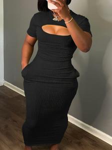 Women's Plain Knit Cut Out Pocket Bodycon Dress, Dress in Club, Dresses for Women, formal Solid Round Neck Short Sleeve Long Dress, Ladies Clothes for Party Club Holiday, Tight Fit Womenswear