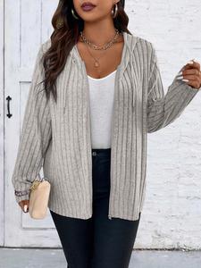 Plus Plain Drawstring Zipper Hooded Coat, Fitted Casual Long Sleeve Outerwear For Spring & Fall, Women's Clothes For Daily Wear