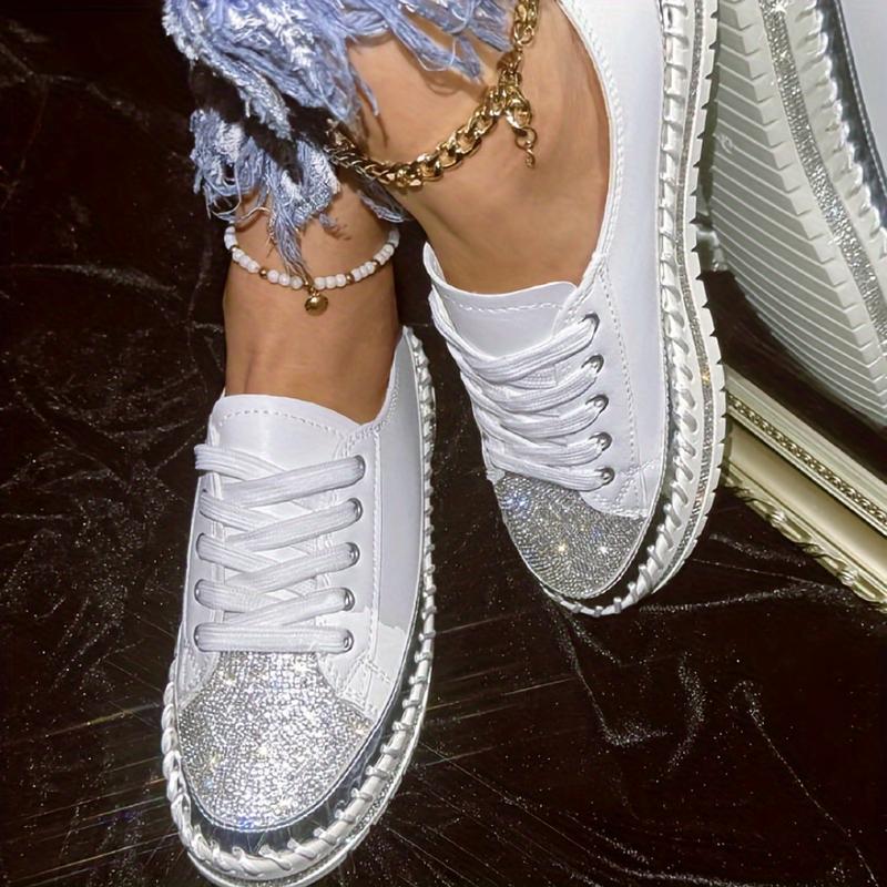 Glittering Rhinestone Women's Sneakers, Fashionable Platform Casual Shoes, Comfortable Versatile White Lace-up Flats Plus Size Footwear Girl 1