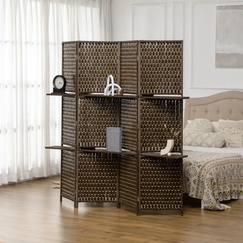 4-Panel Room Divider with Shelves, Wave Fibre Freestanding Folding Privacy Screen Panels 0