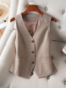 Women's Plaid Print Button Front Vest Blazer, Casual V Neck Sleeveless Waistcoat for Work Office Business, Ladies Spring & Fall Clothes