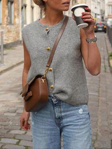 Women's Solid Color Button Front Sweater Vest, Casual Sleeveless Round Neck Knitwear for Summer, Fashion Women's Knit Clothing for Daily Wear, Tops