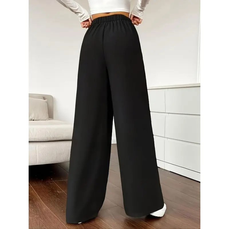 Women's Solid Pocket Elastic Waist Wide Leg Pants, Casual Comfy Trousers for Daily Wear, Trousers for Women, Ladies Bottoms for All Seasons Womenswear Comfort Basic Minimalist Black 1