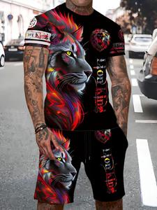 Men's Lion Print Short Sleeve Tee & Shorts Two-Piece Set, Regular Fit Casual Round Neck T-shirt & Shorts, Men's Summer Clothes