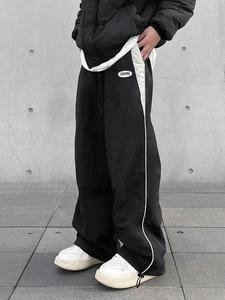 Unisex Colorblock Patched Drawstring Waist Wide Leg Pants, Men's Casual Street Loose Pocket Trousers for Daily Wear, Menswear Bottoms for All Seasons, Wideleg Pants for Men, Baggy Trousers, Sports Clothes, Athletic Bottoms, Activewear