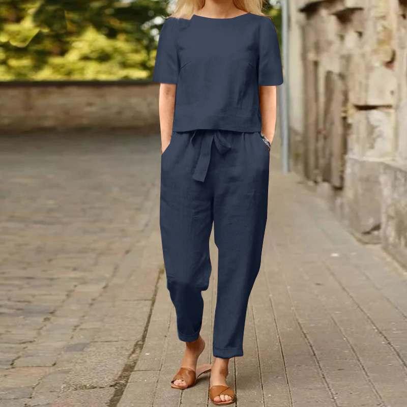 Women's Pullover Shirt And Pants Two-piece Set 2025 Women's Cotton And Linen Summer Suit Short Sleeved O-neck Outfit Pants 1