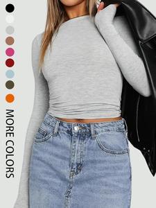 Women's Plain Round Neck Long Sleeve Crop Tee, Casual Solid T-shirt for All Seasons, Comfort Womenswear Leisure Top , Ladies Summer Clothes for Daily Wear