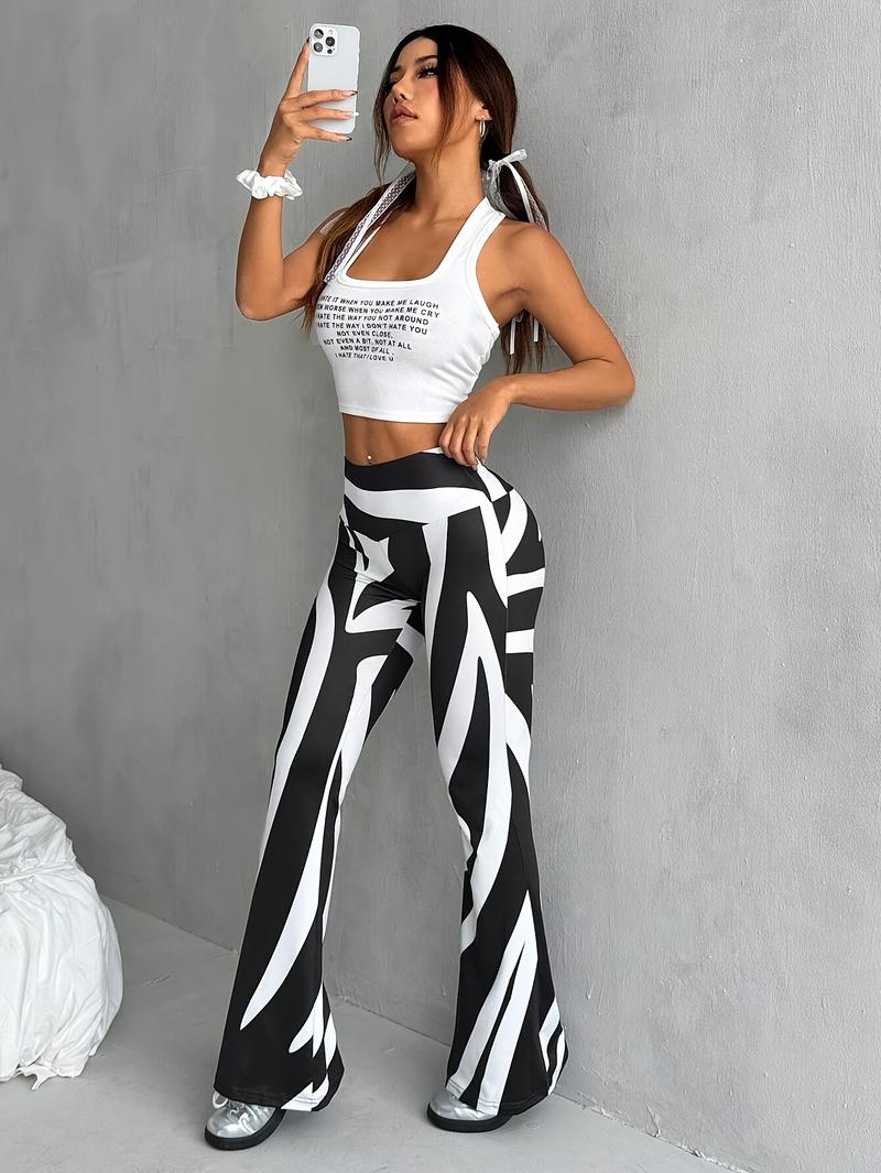 Product Introduction of Elegant High-Waist Zebra Print Flare Pants for Women - Stretchy Polyester Bell Bottoms with Slim Fit, Machine Washable, Perfect for All Seasons 2