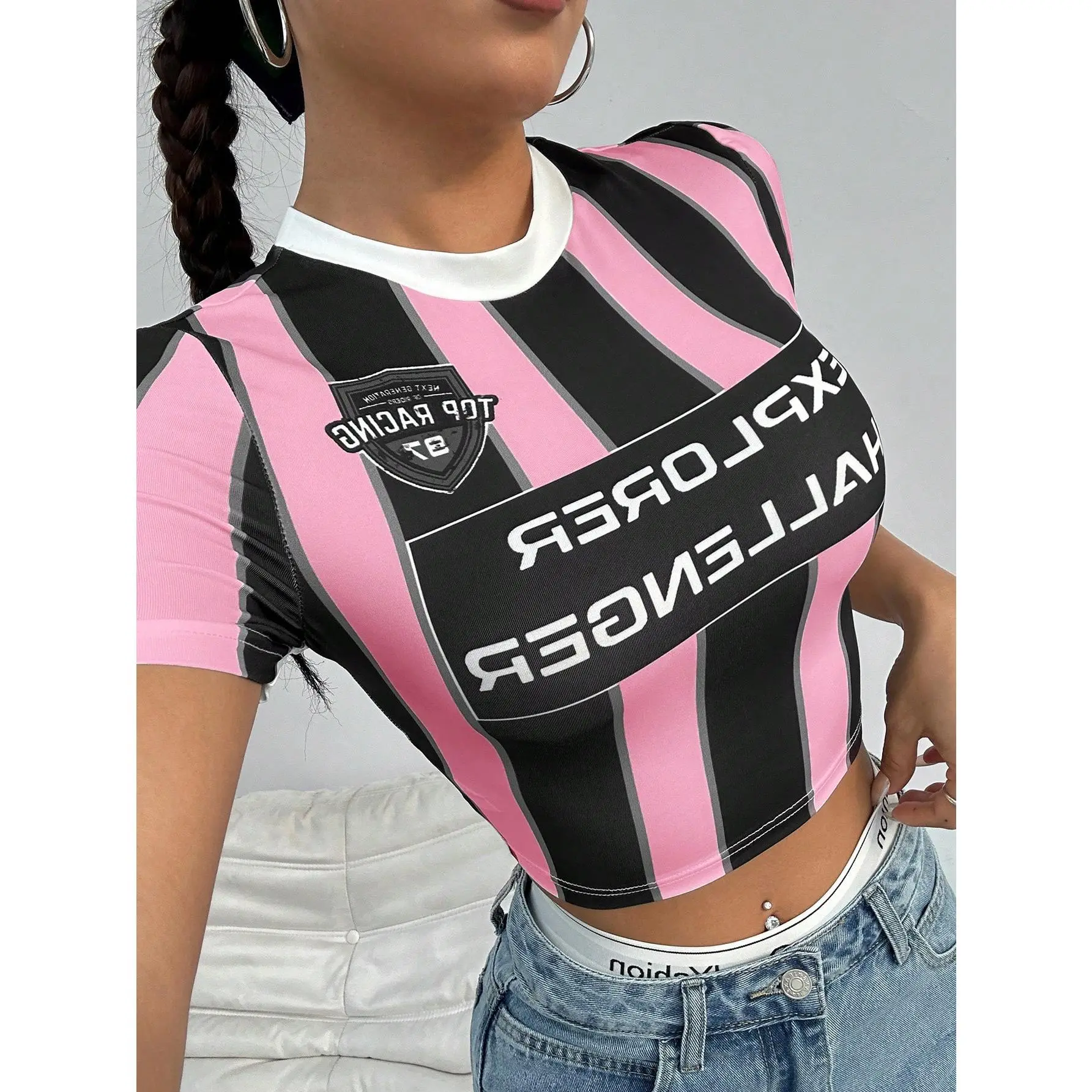 wear Summer Casual Color Block Striped Letter Print Slim Cropped T-Shirt HALLENGER