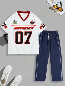 Men's Letter Print Short Sleeve Tee & Pants Set, Loose Casual Round Neck T-shirt & Trousers, Men's Summer Clothes