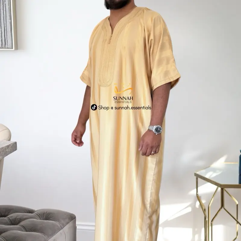 Moroccan Thobes Striped in Butter Yellow, Green & Navy Blue - Islamic Clothing 3