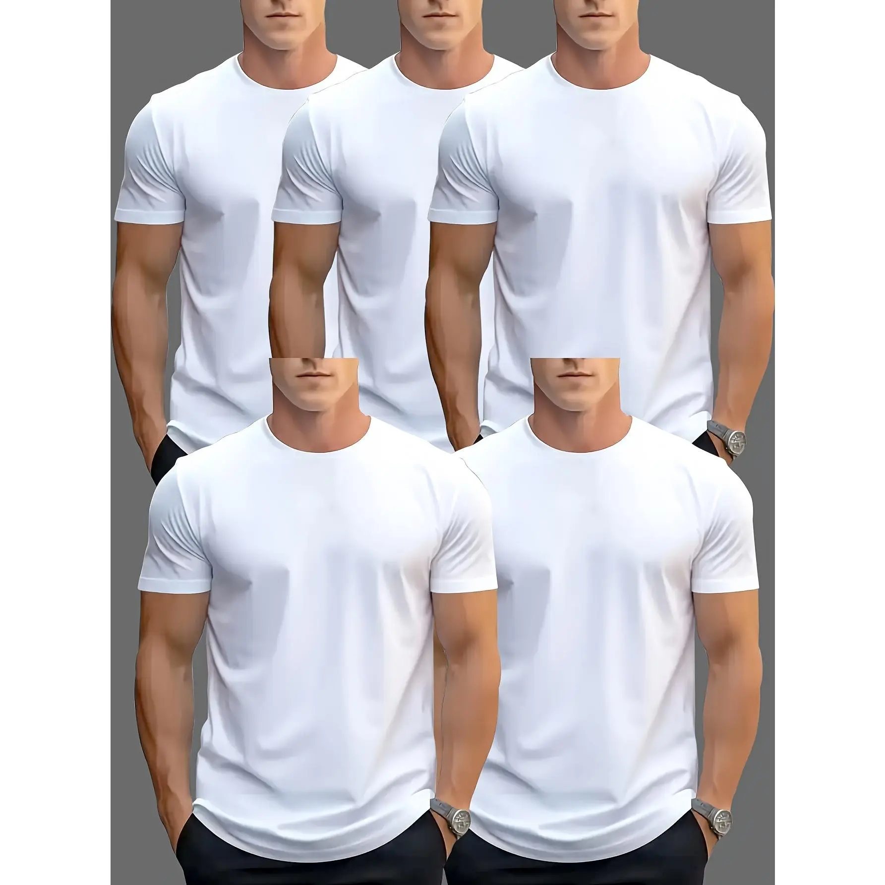 5-Pack Men'S Casual Solid Color Lightweight Short Sleeve Crew Neck T-Shirts, Polyester Knit Fabric with Slight Stretch, Braided Detail, Regular Fit for Spring/Summer