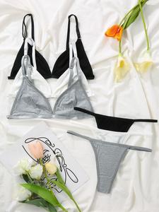 Women's Solid Adjustable Strap Push Up Bra & Thong Underwear Set, Casual Comfy Breathable Lingerie Set for Daily Wear, Underwear Set for Women, Underwear for Women, Lingerie for Women