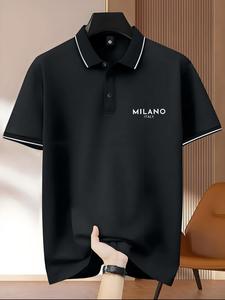 Men's Regular Fit Letter Print Polo Shirt, Casual Short Sleeve Half Zip Up Collar Top for Summer, Fashion Men's Clothes for Daily Wear, Tropical