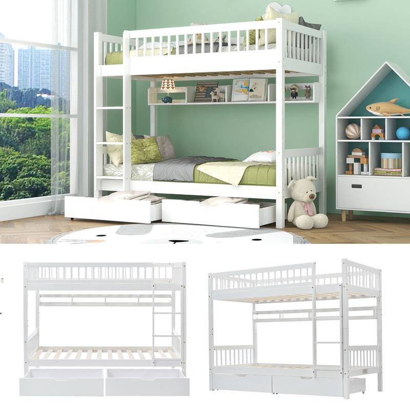 3FT Solid Pine Wood Bunk Bed with Under Bed Slide Drawer Storage and Shelf, White (90x190cm) - Kids Children 2
