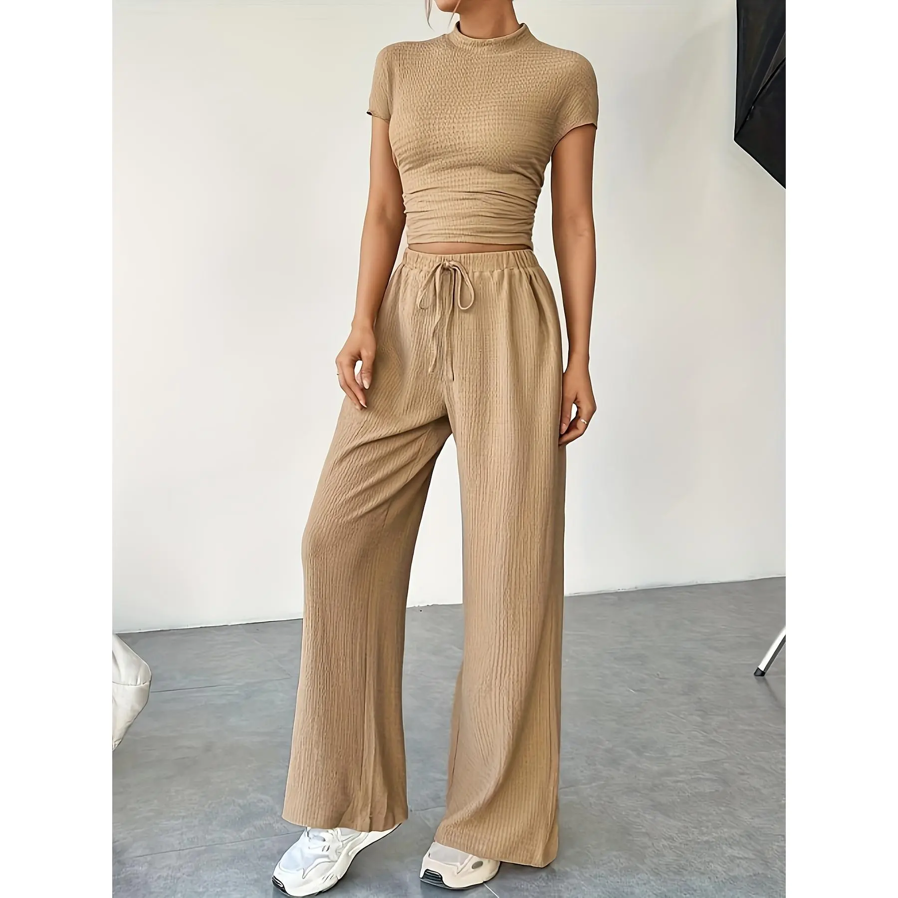 Spring 2025 Farshi Shalwar Outfits Solid Color Matching Two-piece Set, Casual Short Sleeve Slim T-shirt & Drawstring Waist Wide Leg Pants Outfits, Women's Clothing
