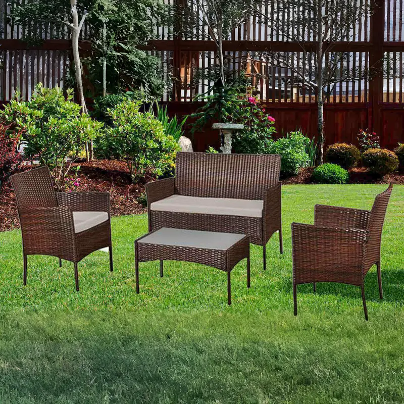 Stylish 4PC Rattan Garden Furniture Set – Includes Table, Sofa & 2 Chairs Perfect for Indoor/Outdoor Use: Patio, Balcony, Backyard, Poolside & Conservatory ️ Durable, Comfortable & Easy to Set Up – Great for Any Space! (Brown) 2
