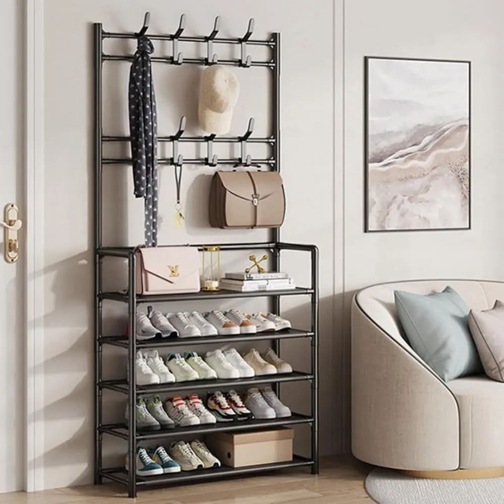 Coat Rack with 8 Hooks and Metal Shoe Rack, 5-Tier Shelf Organizer, Black, Stylish Storage for Shoes, Coats, Hats