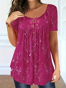 【Plus Size】 Floral Print Short Sleeve Tee, Casual Round Neck Button Front Top for Summer, Casual Fashionable Top, Women's Clothing for Daily Wear, Womenswear