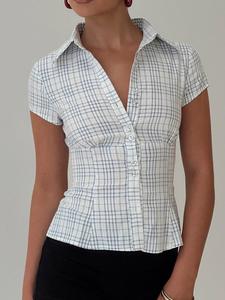 Women's Plaid Print Curved Hem Short Sleeve Blouse, Casual Bishop Sleeve Collared Top for Summer, Ladies Clothes for Daily Wear, Womenswear