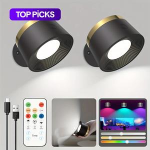 USB Rechargeable Smart LED Wall Light, 1/2 Counts RGB Night Light with Remote Control, 360° Rotatable Spotlight for Bedroom, Bedside, Display Wall, Cabinet, Hallway, Game Room #TOP PICKS