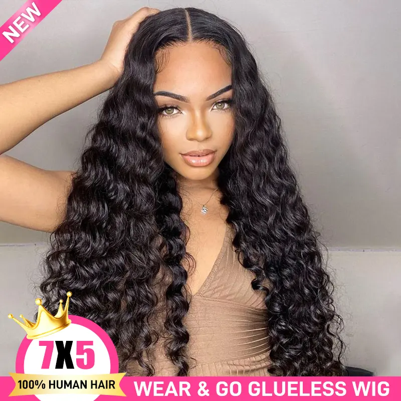 IPRO Water Wave Wigs Human Hair for Women HD Wear and Go Curly Wig 7x5 Lace Closure Human Hair Wig Brazilian Human Hair Wigs Glueless 180 Density  Pre Plucked Pre Bleached Wigs UK Natural