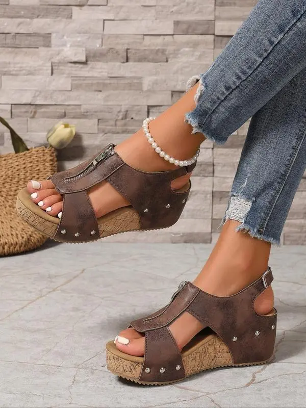 Women's Fashionable Zipper Design Peep ToeWedge Sandals, Casual Comfortable Sandals forBeach Vacation, All-match Commuter Shoes forWork & Daily Wear, Summer 6