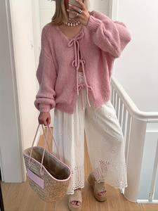 Women's Plain Bow Front Design Sweater Cardigan, Casual Tie Front Drop Shoulder Long Sleeve Knitwear for Fall & Winter, Women's Knit Clothing for Daily Wear