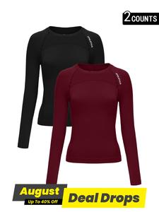 Women's Letter Print Baselayer Top, Long Sleeve Round Neck Compression Top for Yoga Gym Workout, Ladies Sportswear for Fall & Winter, Gym Workout Clothes