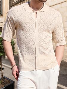 Men's Regular Fit Argyle Hollow Out Short Sleeve Shirt, Casual Breathable Comfortable Top for Summer, Fashion Men's Clothes for Daily Wear