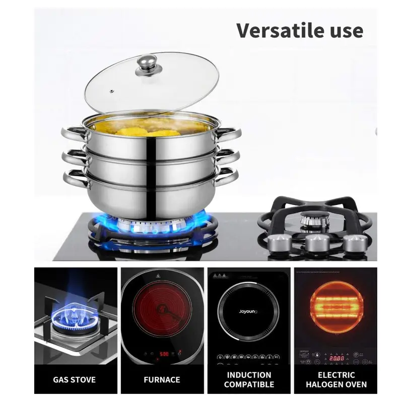 3 Tier Stainless Steel Steamer Set – Non-Stick Multi-Cooker Pot with Glass Lid – Three Piece Steamer Pan Set for Healthy Cooking – Dishwasher Safe 3