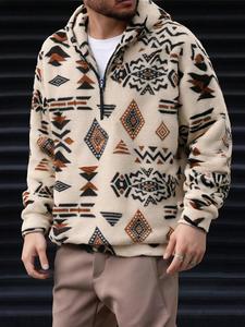 Men's Ethnic Pattern Half Zip Up Hoodie, Casual Loose Fashion Long Sleeve Hooded Sweatshirt for Daily Outdoor Wear, Men Clothes for Fall & Winter