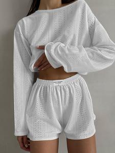 Two-Piece Set Women's Plain Eyelet Embroidery Drop Shoulder Lounge Set, Casual Comfy Long Sleeve Crop Top & Patched Tulip Hem Shorts Loungewear Set, Ladies Sleepwear for Spring & Fall