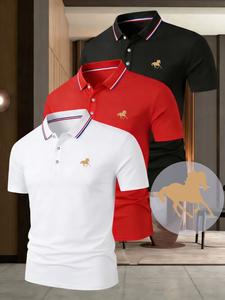 3-Pack Men's Short Sleeve Polo Shirts, Horse Print, Breathable Golf Tees, Casual Business Wear, Gift for Him, All Seasons