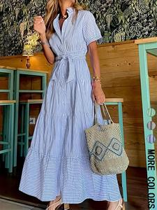 Women's Striped Print Belted   Dress, Elegant Casual  Long Dress for Summer, Women's Clothing for Daily Wear, Classy Modest Dresses