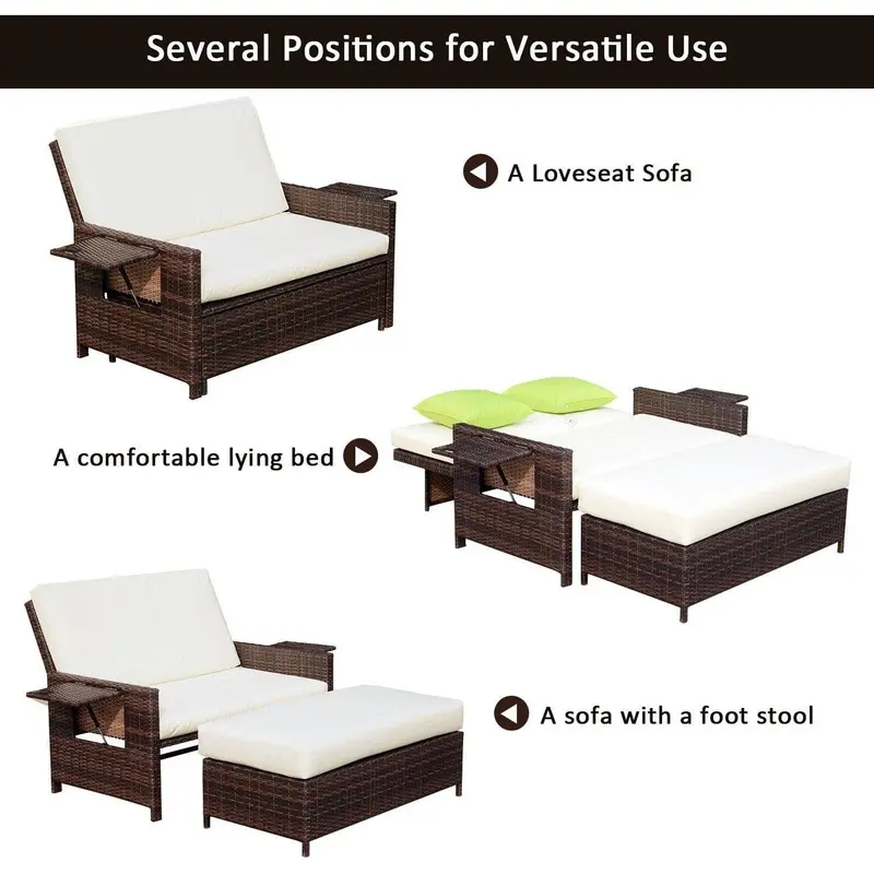 Brown 2 Seater Rattan Garden Daybed With Side tables and Thick Comfy Cushions - Perfect For Enjoying Long Lazy Summer Days 4