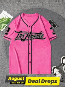 Men's Letter & Number Print Contrast Binding Baseball Jersey, Regular Fit Casual Short Sleeve V Neck Baseball Shirt for Summer, Fashion Men's Clothes for Daily Wear