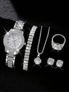 Elegant Quartz Watch & Rhinestone Decorated Ring, Earrings, Necklace & Bracelet, Exquisite Watch Set with Matching Luxury Jewelry As Girlfriend Gifts without Box, Valentine's Day, Gift, Glamour Set