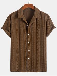 Men's Camp Collar Button Up Geometric Jacquard Openwork Short Sleeves Shirt Textured Geometric Button Down Shirts, Casual Solid Color Solid Jacquard Short Sleeve Shirt Buttoned Short Sleeve T-shirt for Men Tropical Basic Tops