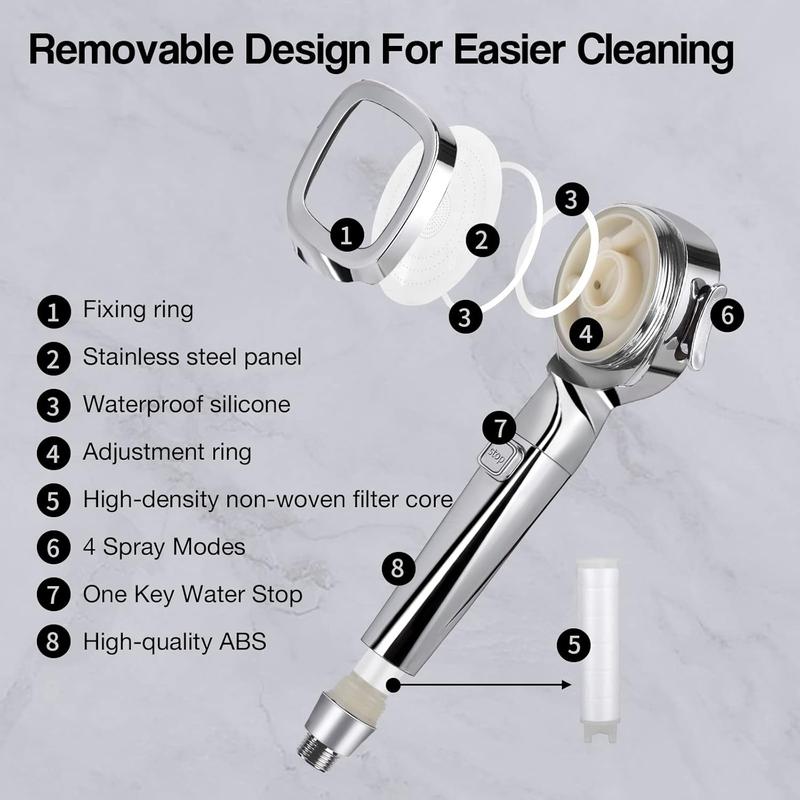 Shower Head High Pressure Shower Heads with Shower Filter Core, 4 Spray Modes and Pause Switch Design for Power Shower Head to Increase Water Pressure 1