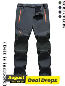 Men's Solid Letter Patched Zipper Pants, Casual Comfy Waterproof Soft Shell Thermal Lined Trousers for Outdoor Activities, Men's Bottoms for All Seasons, Menswear