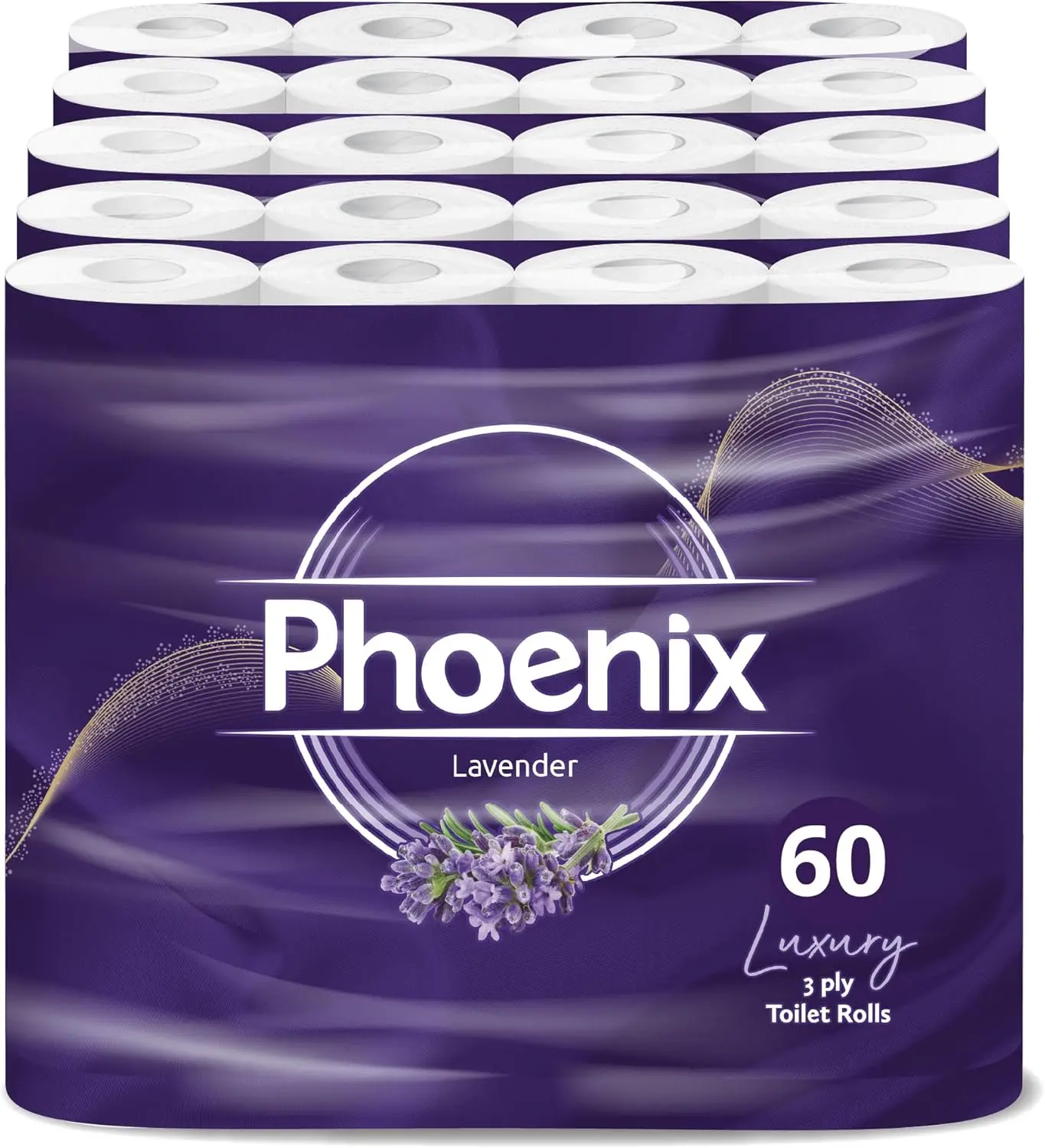 60 Phoenix Soft Lavender Fragranced Luxury Toilet Rolls Bulk Buy - Quilted White 3 Ply Toilet Paper - Pack of 60 Toilet Tissue (12 x 5 Packs)