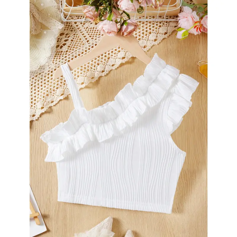 Tween Girls Elegant Asymmetrical Neck Frill Trim T-Shirt 1