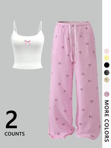 Two-piece Set Women's Cami Top & All Over Print Pants, Casual Comfy Cami Top & Trousers Set, Ladies Clothes for All Seasons