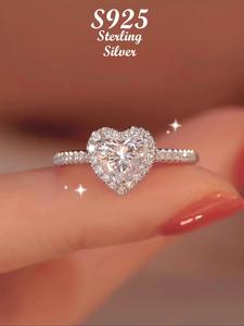 S925 Sterling Silver Ring for Women, Sweet Style Rhinestone Decorated Heart Shaped Ring, Fashion Casual Trendy Exquisite Jewelry for Party for Gift, Elegant Engagement Ring