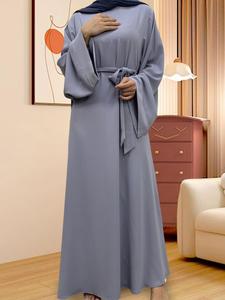 Women's Solid Color Nidaa Fabric Lounge Dress, Casual Comfy Long Sleeve Belted Dress for Daily Wear, Ladies Sleepwear for All Seasons