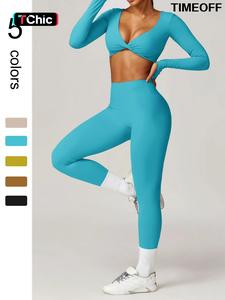 TIMEOFF Jinammonia fabric skin-friendly soft quick-drying breathable Women's Butterfly-shaped Pleated Low-cut Long-sleeved High-waist Hip-lifting Trousers Yoga suit Outdoor Running and Cycling Fashion suit Gym Sports Training All-match Long-sleeved Trouse